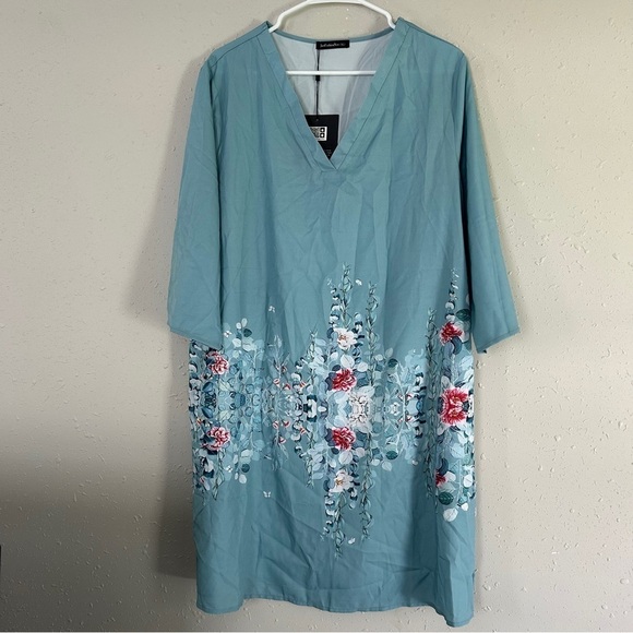 🦋JUST FASHION NOW NWT Blue Mid Sleeve Floral Mini Dress T-Shirt Dress Casual XL - Picture 1 of 5